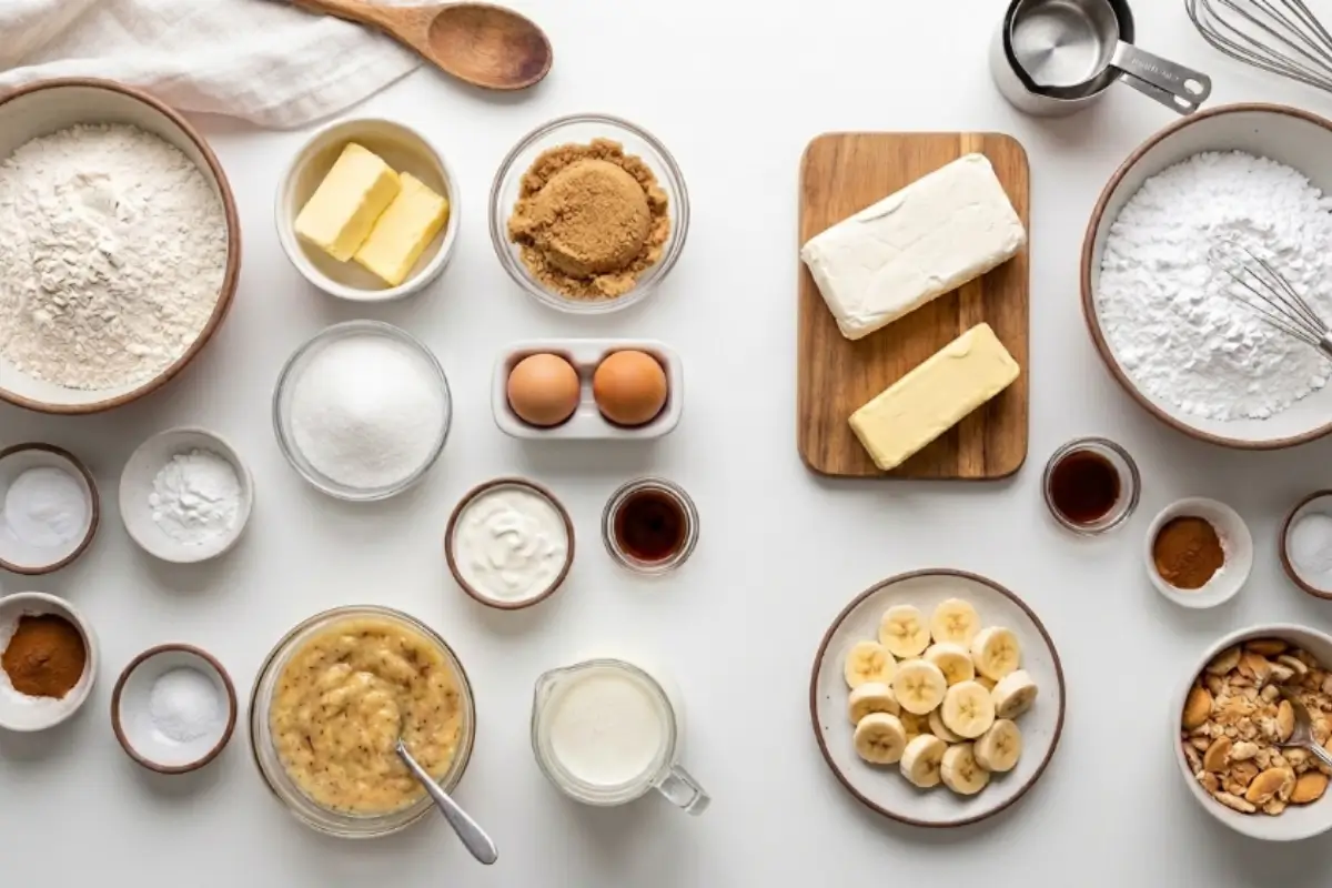 Ingredients For Banana Cupcakes Recipe A top-down view of the simple, wholesome ingredients needed for a comforting banana cupcakes recipe, featuring freshly mashed bananas, flour, brown sugar, butter, and cream cheese arranged beautifully in small glass and ceramic bowls.