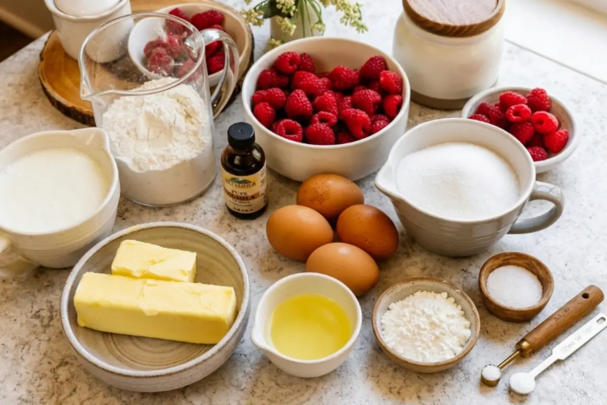 Ingredients For The Raspberry Jam Vanilla Cake A cozy kitchen counter beautifully arranged with the fresh ingredients needed to bake a raspberry jam vanilla cake, featuring bright red raspberries, farm eggs, butter, and flour resting in simple, rustic ceramic bowls.