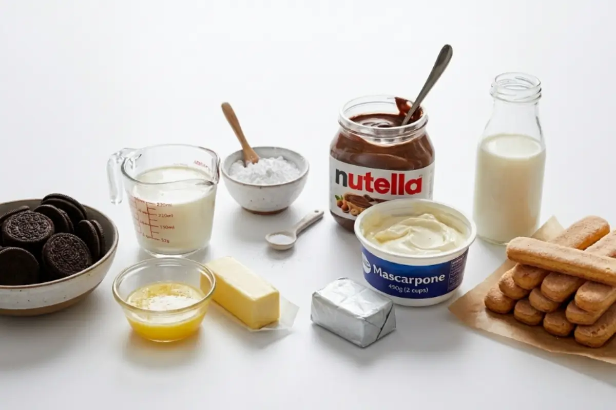 Key Ingredients For Nutella Tiramisu Cake A bright, welcoming arrangement of Nutella tiramisu cake ingredients, featuring a classic jar of Nutella, creamy mascarpone cheese, crisp ladyfingers, chocolate sandwich cookies, butter, and fresh milk, all resting on a clean kitchen counter ready to be transformed into a cherished family dessert.