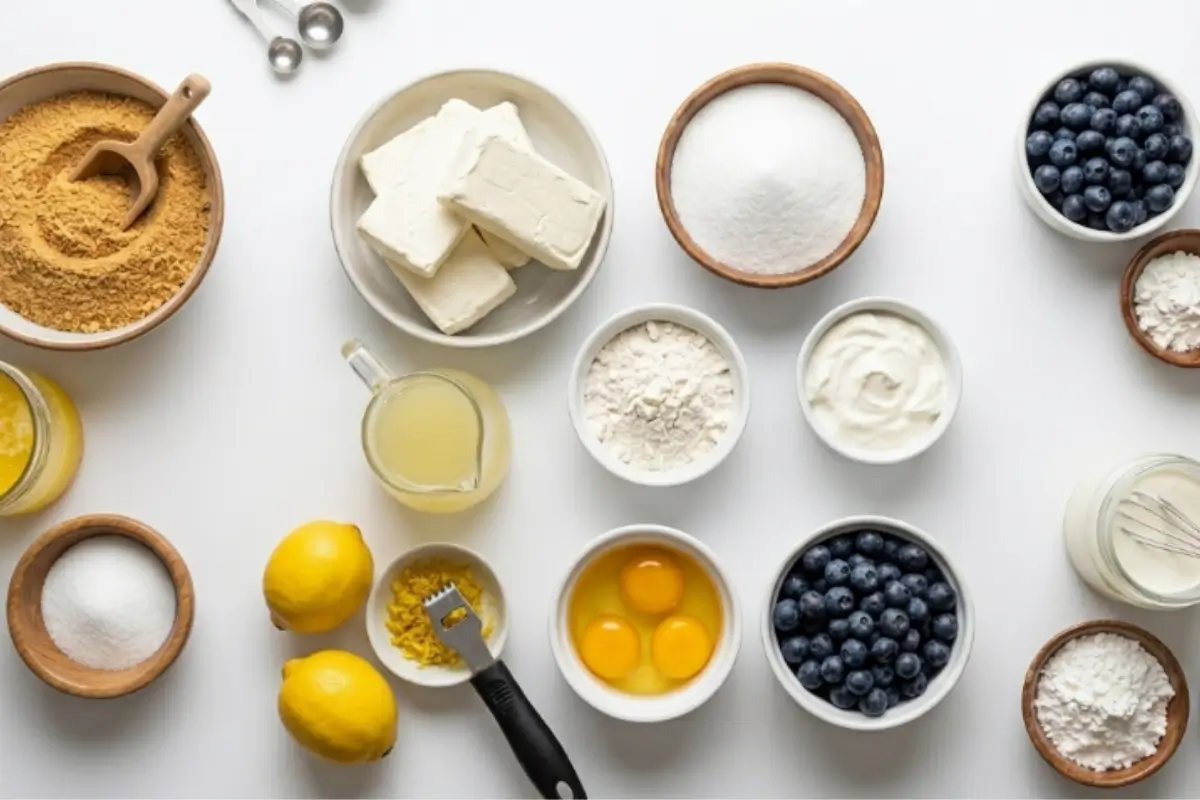 Key Ingredients For This Lemon Blueberry Cheesecake An overhead view of the simple, wholesome ingredients needed for a lemon blueberry cheesecake, including blocks of cream cheese, fresh blueberries, whole lemons, eggs, and graham cracker crumbs arranged beautifully in rustic bowls.