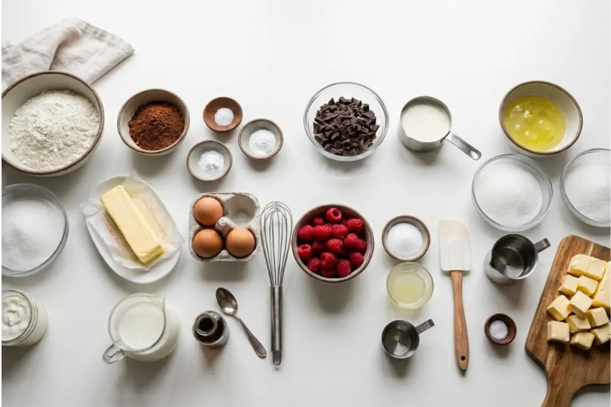 Key Ingredients for Chocolate Raspberry Cupcakes An overhead view of the key ingredients for chocolate raspberry cupcakes, including fresh red raspberries, cocoa powder, chocolate chunks, flour, eggs, and butter arranged on a bright white kitchen counter.