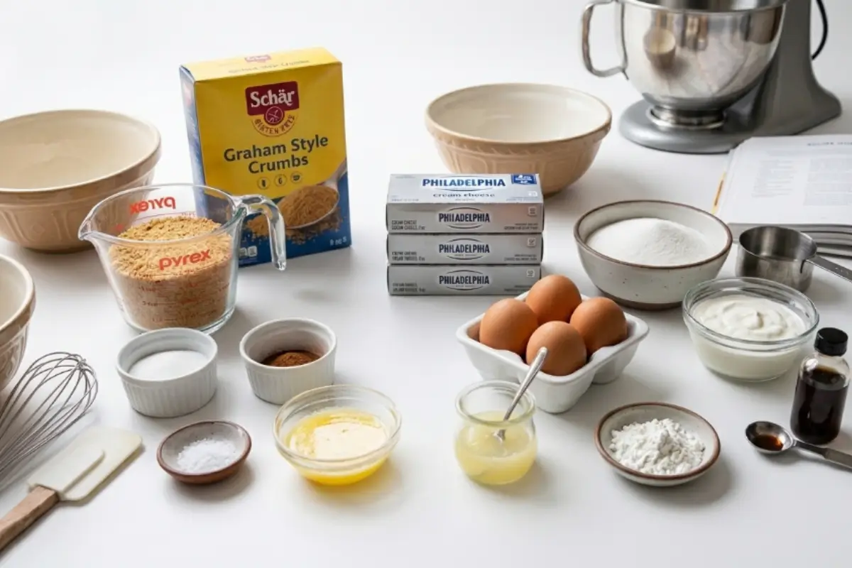 Key Ingredients for This Gluten-Free Cheesecake A neat arrangement of the key ingredients for this gluten-free cheesecake, including gluten-free graham style crumbs, blocks of cream cheese, fresh eggs, sour cream, and butter, all set on a bright, welcoming kitchen counter.