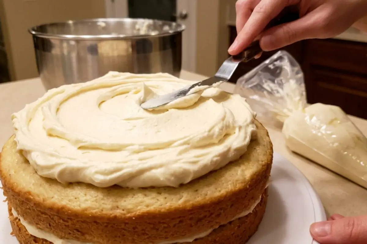 Key to Your Frosted Cake A baker gently guides an offset spatula through a thick, sweeping layer of creamy white buttercream on a golden two-layer bake, demonstrating the essential, sweeping motion needed to beautifully frost a cake.
