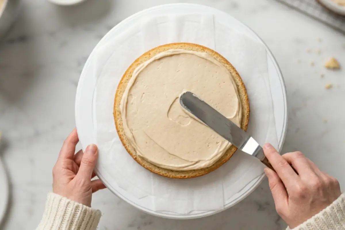 Layer and Fill For frost a cake A baker wearing a cream-colored knit sweater uses an offset spatula to gently spread a smooth, even layer of frosting over a golden baked layer, demonstrating the essential filling step to securely frost a cake.