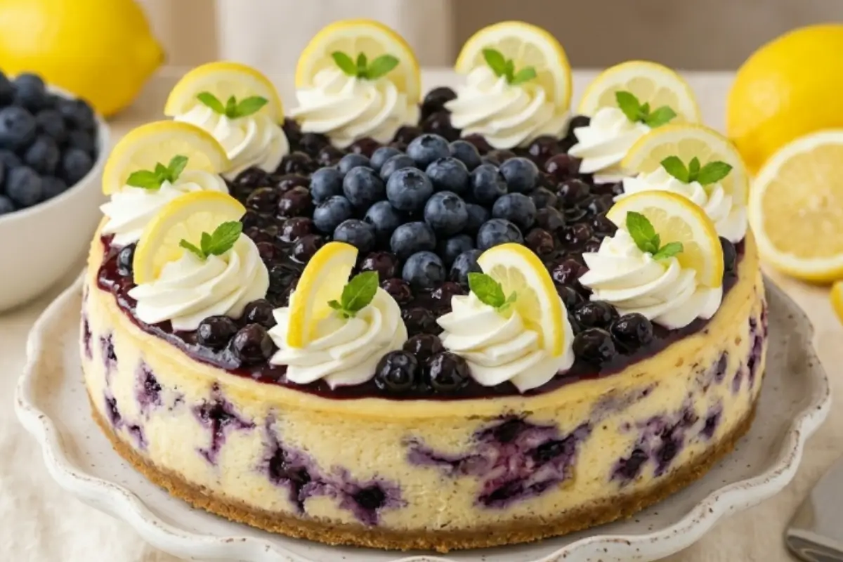 Lemon Blueberry Cheesecake recipe A beautiful, whole lemon blueberry cheesecake recipe presented on a rustic scalloped cake stand, featuring a golden graham cracker crust, a creamy center swirled with berries, and an elegant topping of fresh blueberries, whipped cream rosettes, and bright lemon slices.