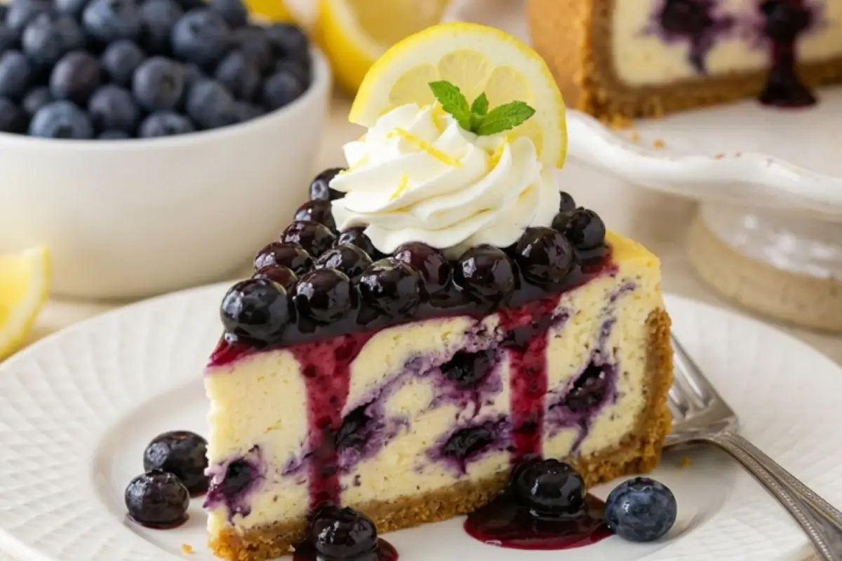 Lemon Blueberry Cheesecake 3 A beautiful, thick slice of lemon blueberry cheesecake with a classic graham cracker crust, swirled with fresh blueberries and topped with whipped cream, blueberry compote, and a fresh lemon slice on a rustic white plate.