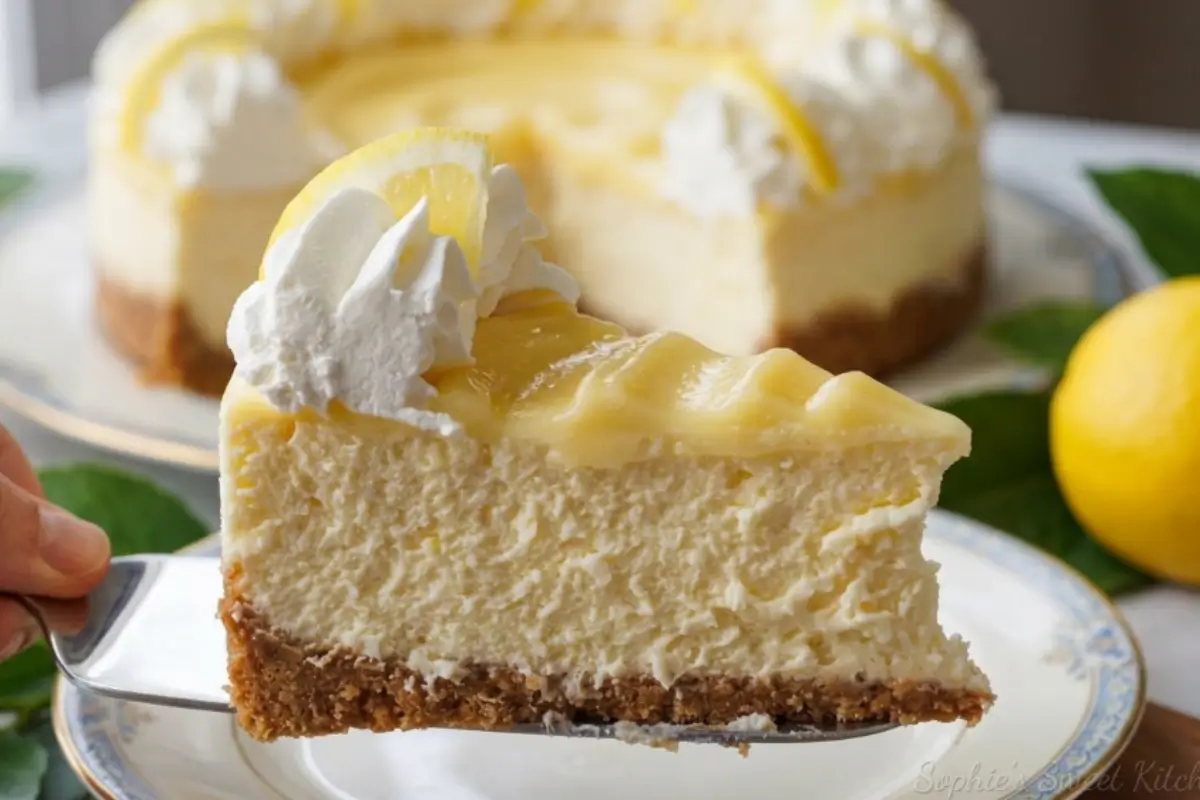 The Best Spring Lemon Cheesecake Recipe: Creamy & Foolproof 3 A close-up of a creamy slice from our classic lemon cheesecake recipe being lifted on a metal server, featuring a thick graham cracker crust, a tangy lemon curd topping, and a delicate whipped cream garnish.
