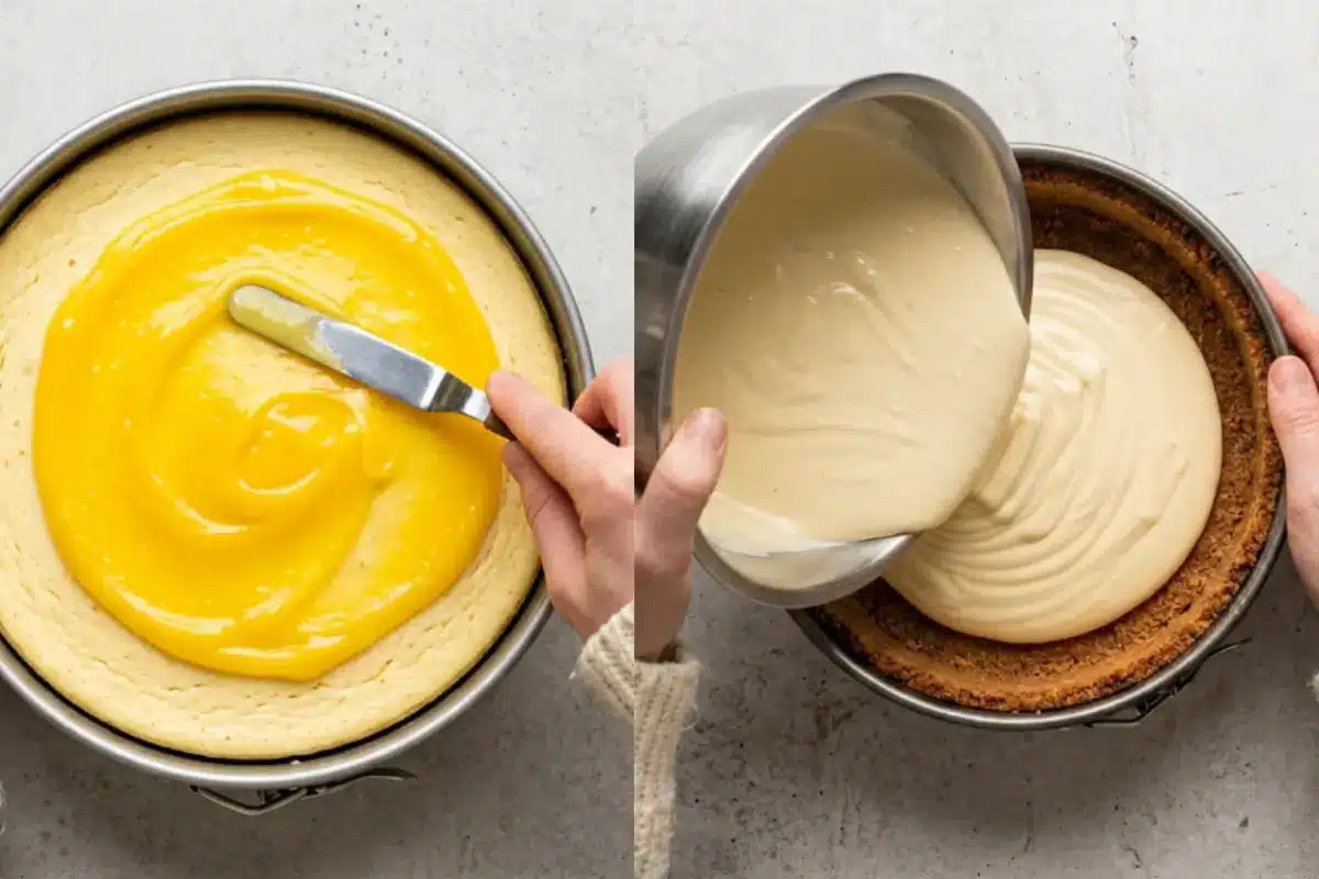 _Lemon Cheesecake recipe Works A side-by-side overhead view showing the assembly of our lemon cheesecake recipe, featuring one hand pouring creamy cheesecake batter from a metal bowl into a graham cracker crust, and another hand using an offset spatula to spread bright lemon curd over the baked cake.