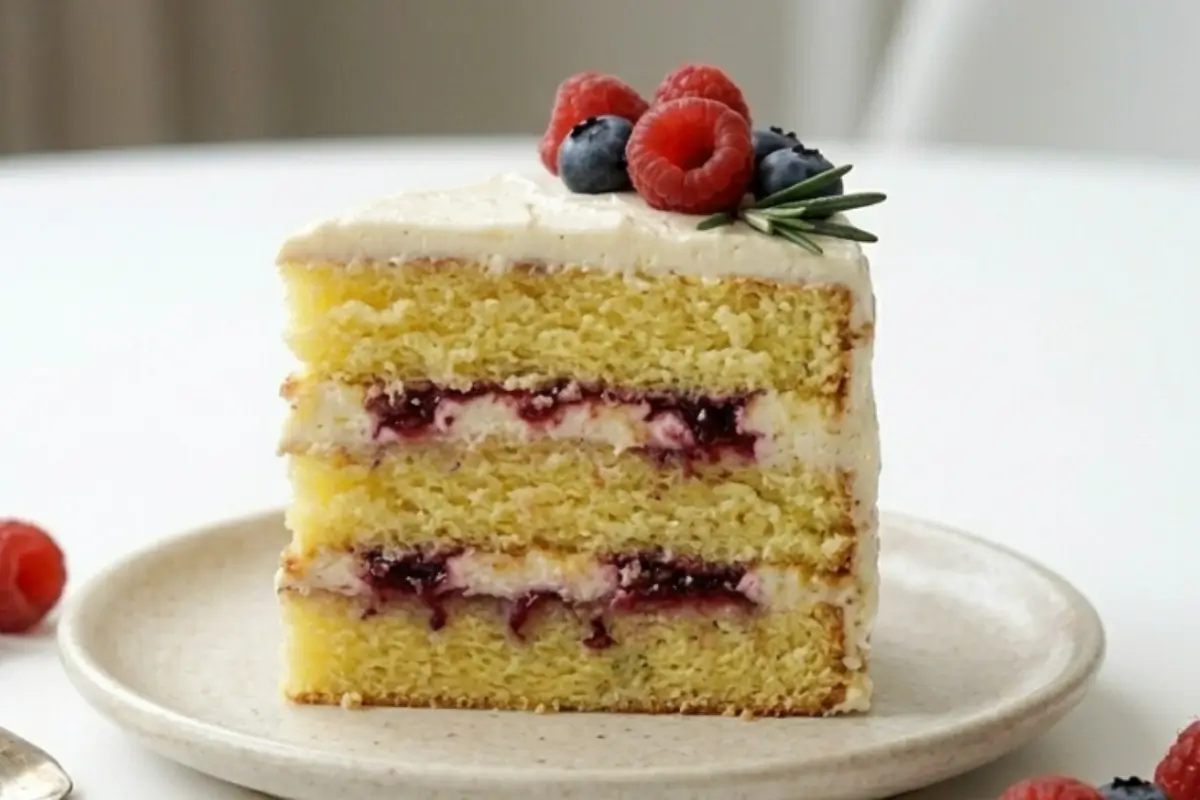 No-Fail Tips for Frosted Cake A beautiful slice of homemade vanilla layer cake filled with vibrant berry jam and rustic white icing, resting on a cozy ceramic plate to showcase no-fail tips to frost a cake.