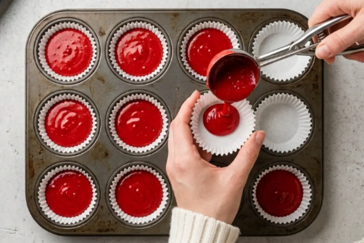 _No-Fail Tips for Red Velvet Cupcakes A side-by-side overhead view showing a hand in a cozy sweater using a scoop to evenly portion vibrant red batter into paper-lined muffin tins on the right, alongside a freshly baked, perfectly domed batch of red velvet cupcakes in a rustic pan on the left.