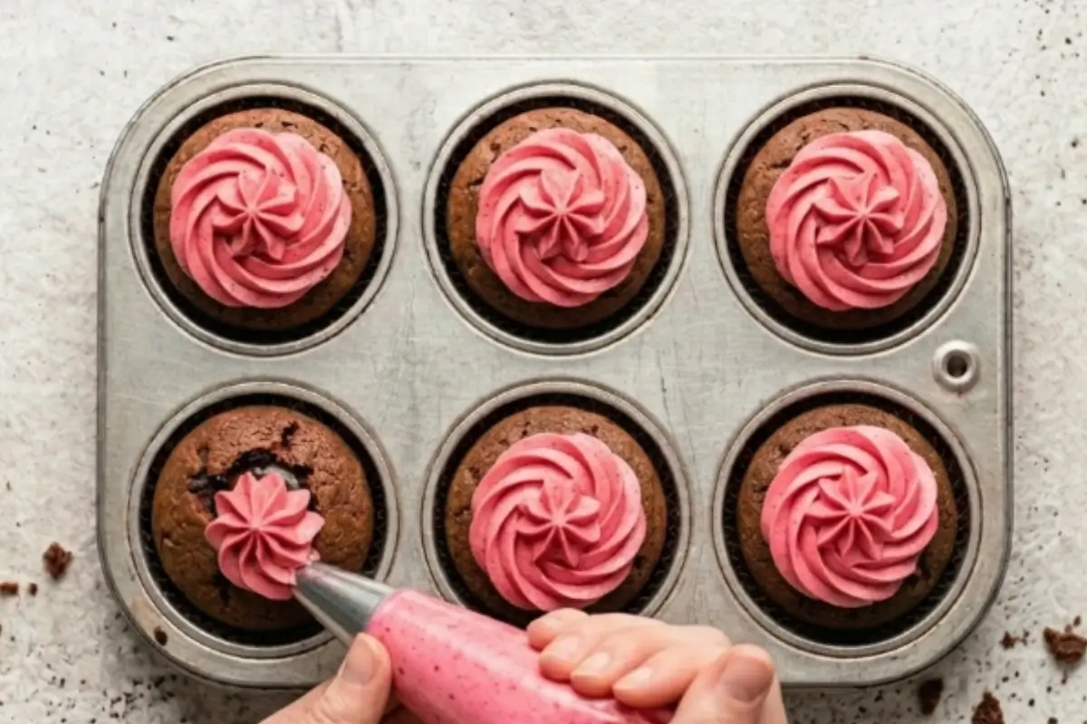 Pipe and garnish for Chocolate Raspberry Cupcakes An overhead view of a hand using a piping bag to swirl vibrant pink raspberry buttercream onto homemade chocolate raspberry cupcakes resting in a rustic metal muffin tin.