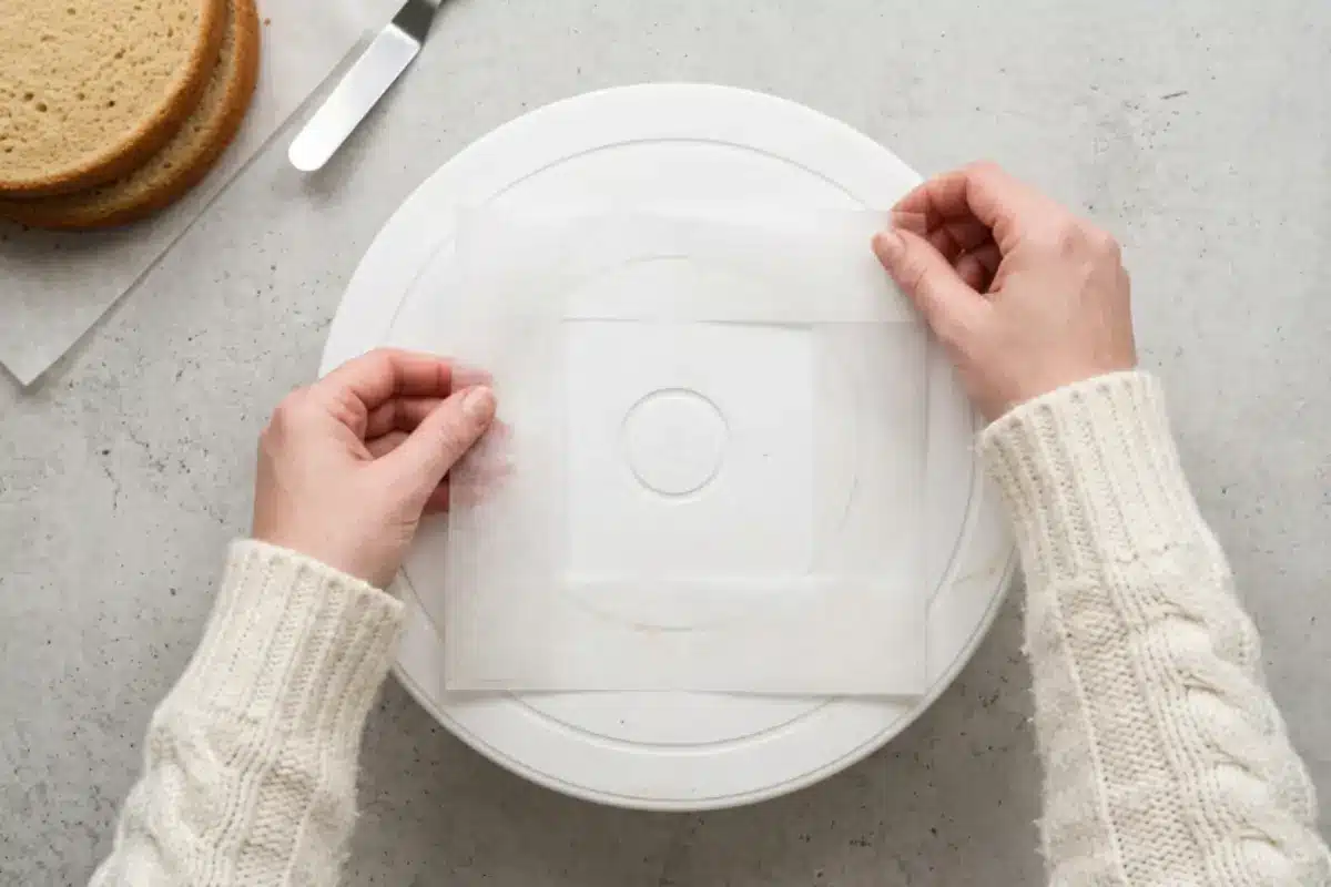 Prep Your Work Station For frost a cake A baker wearing a cozy cream knit sweater arranges parchment paper strips on a white turntable, creating a clean workstation to frost a cake, while golden, perfectly baked cake layers rest nearby.