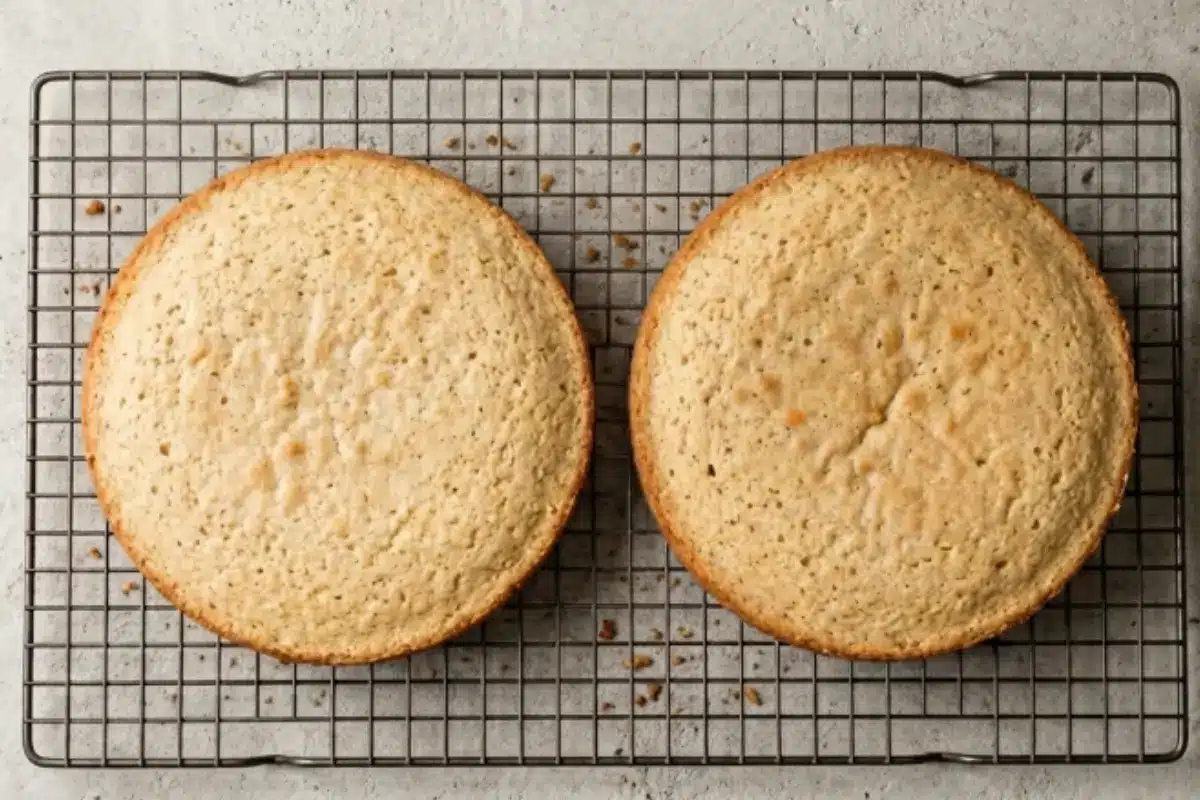 Prepare Your frost a cake Two freshly baked, golden vanilla cake layers resting on a rustic wire cooling rack, the essential first step to prepare a cake for frosting.