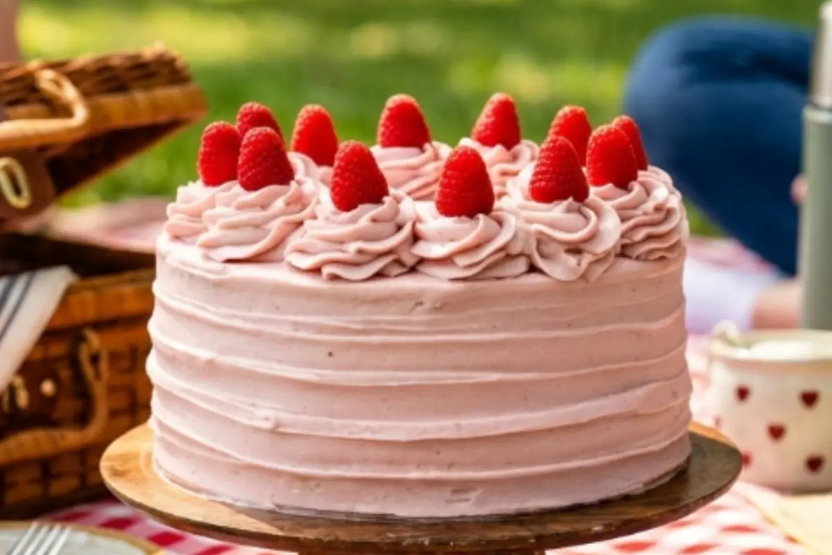 The Most Beautiful Raspberry Cake (No-Fail!) 2 A beautifully rustic homemade raspberry cake covered in textured pink buttercream and topped with fresh raspberries, sitting on a wooden stand at a sunny outdoor picnic.