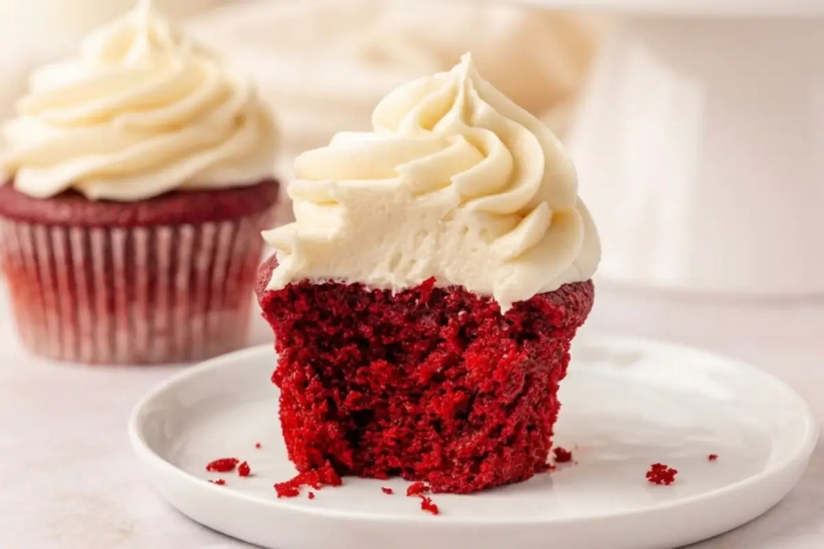 No-Fail Red Velvet Cupcakes Recipe 3 A close-up of beautifully moist red velvet cupcakes on a white plate, with the front cupcake showing a bite taken out to reveal the tender red crumb beneath a thick, rustic swirl of cream cheese frosting.