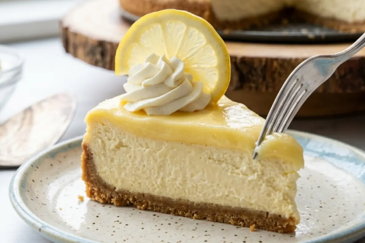 Saving a Little Joy for Tomorrow For Your Lemon Cheesecake A silver fork gently pressing into a smooth, bright slice of our lemon cheesecake recipe, which is served on a rustic speckled ceramic plate with the remaining cake resting on a wooden board in the background.
