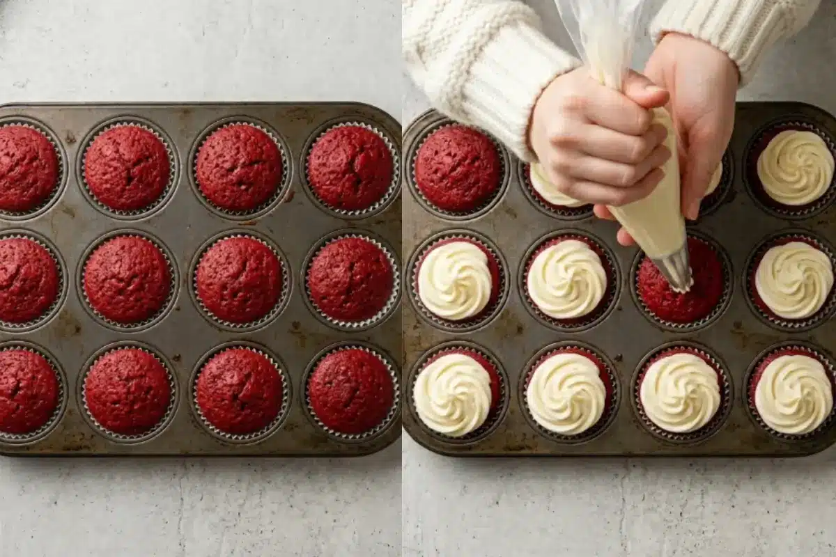 _Saving a Little Joy for Tomorrow for Red Velvet Cupcakes A side-by-side overhead view showing freshly baked red velvet cupcakes resting in a rustic metal muffin pan on the left, and a pair of hands in a cozy sweater piping thick, beautiful swirls of cream cheese frosting onto the cupcakes on the right.