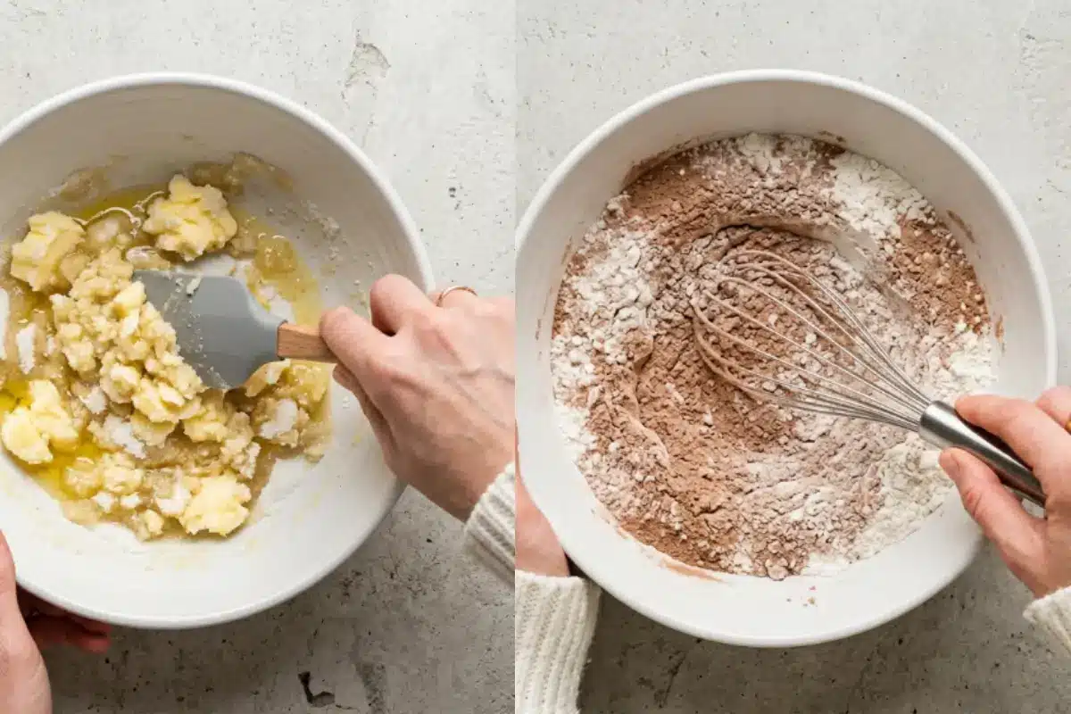Step-by-Step Instructions For Red Velvet Cupcakes A side-by-side view showing the step-by-step process for making red velvet cupcakes, with a hand using a spatula to cream butter and sugar in the left bowl, and a hand whisking together dry ingredients like flour and cocoa powder in the right bowl.