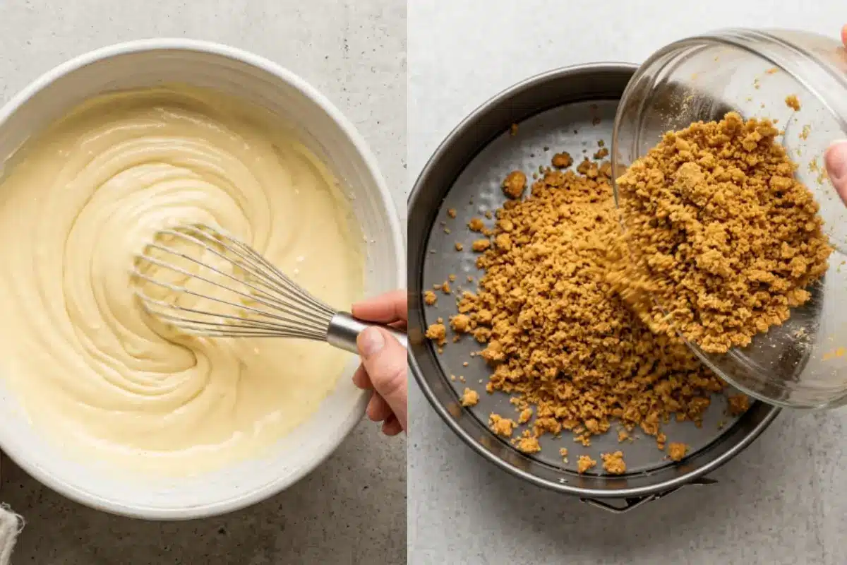 Step-by-Step Instructions For This Lemon Blueberry Cheesecake A side-by-side view showing the easy preparation steps for a lemon blueberry cheesecake, featuring a hand whisking a smooth, creamy batter in a rustic white bowl on the left, and golden graham cracker crust crumbs being poured into a dark metal springform pan on the right.