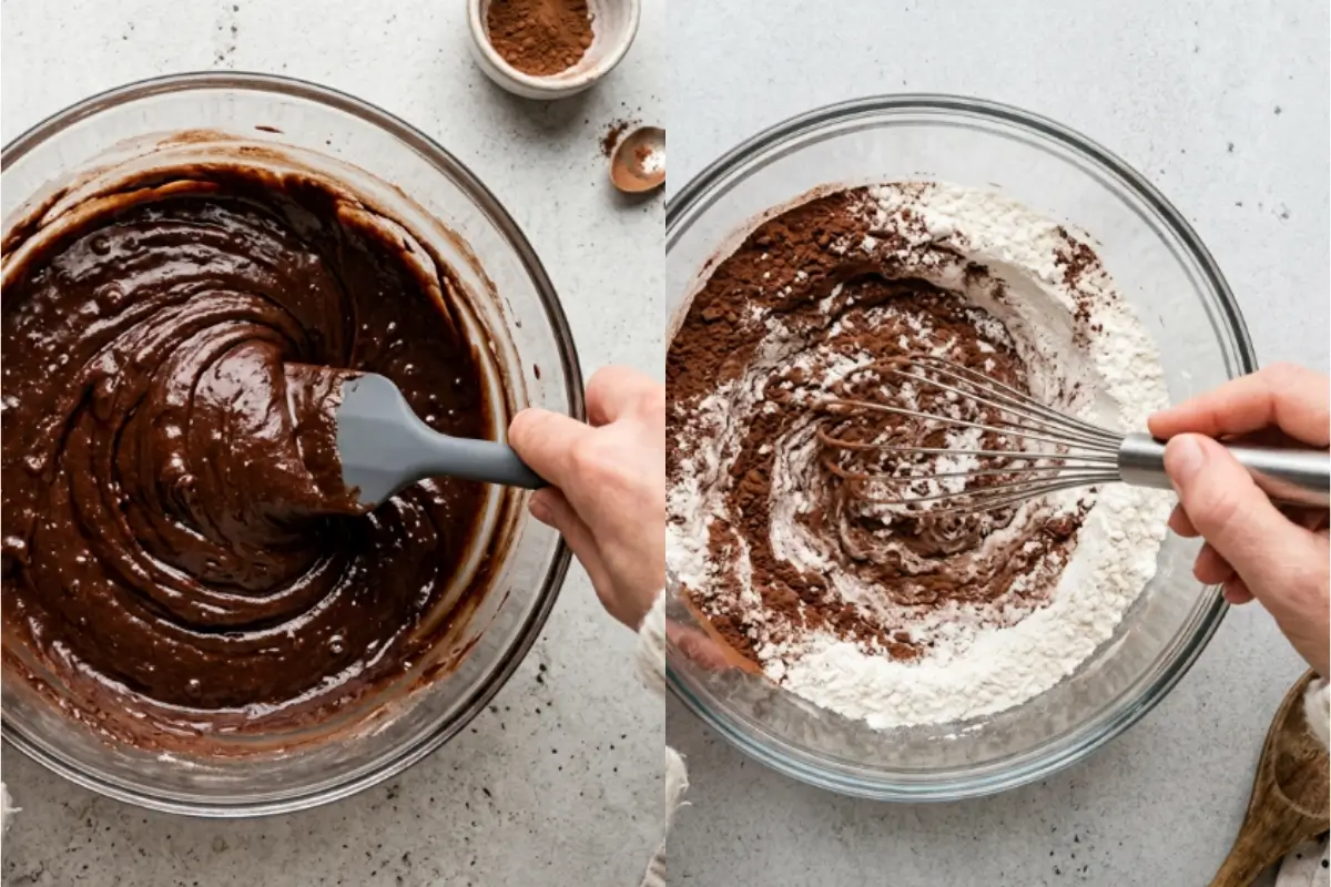 Step-by-Step Instructions for Chocolate Raspberry Cupcakes A side-by-side view of the step-by-step instructions for chocolate raspberry cupcakes, showing a hand gently folding a rich, glossy chocolate batter with a spatula and whisking dry cocoa powder and flour in a glass mixing bowl.
