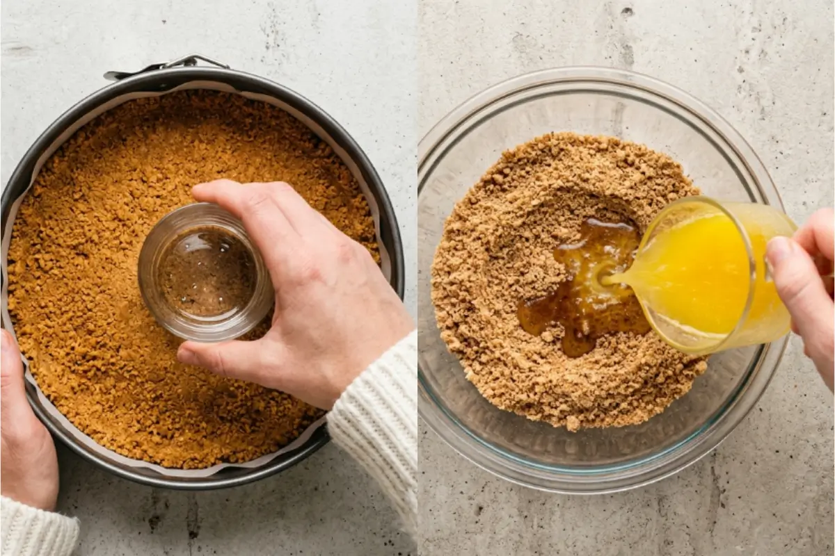 Step-by-Step Instructions for This Gluten-Free Cheesecake A split photo showing the step-by-step instructions for this gluten-free cheesecake crust, featuring warm melted butter being poured into crumbly gluten-free graham cracker crumbs, and a hand using a small glass to press the mixture firmly into a springform pan.
