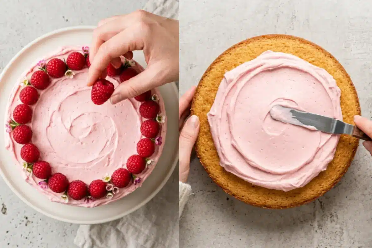 Storage Tips For Raspberry Cake Works A side-by-side view demonstrating storage tips for raspberry cake, featuring a hand gently placing fresh raspberries and delicate tiny blooms around the edge of a pink frosted cake on the left, and a hand using a small offset spatula to spread a smooth layer of velvety pink buttercream over a golden baked cake layer on the right.