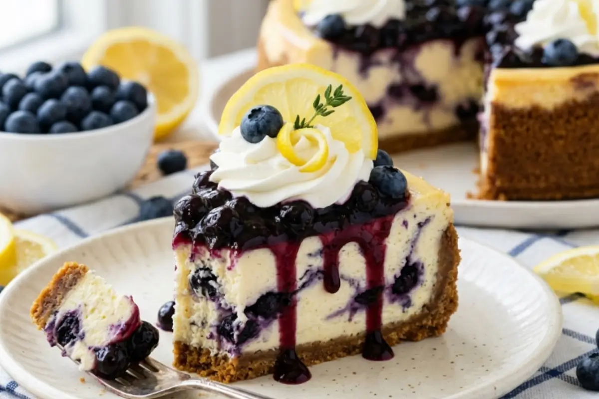 _Storage for Lemon Blueberry Cheesecake A tempting bite of creamy lemon blueberry cheesecake on a vintage fork sits next to a thick slice drizzled with rich berry sauce, topped with whipped cream and a lemon slice, all served on a rustic speckled plate over a blue and white checkered linen.