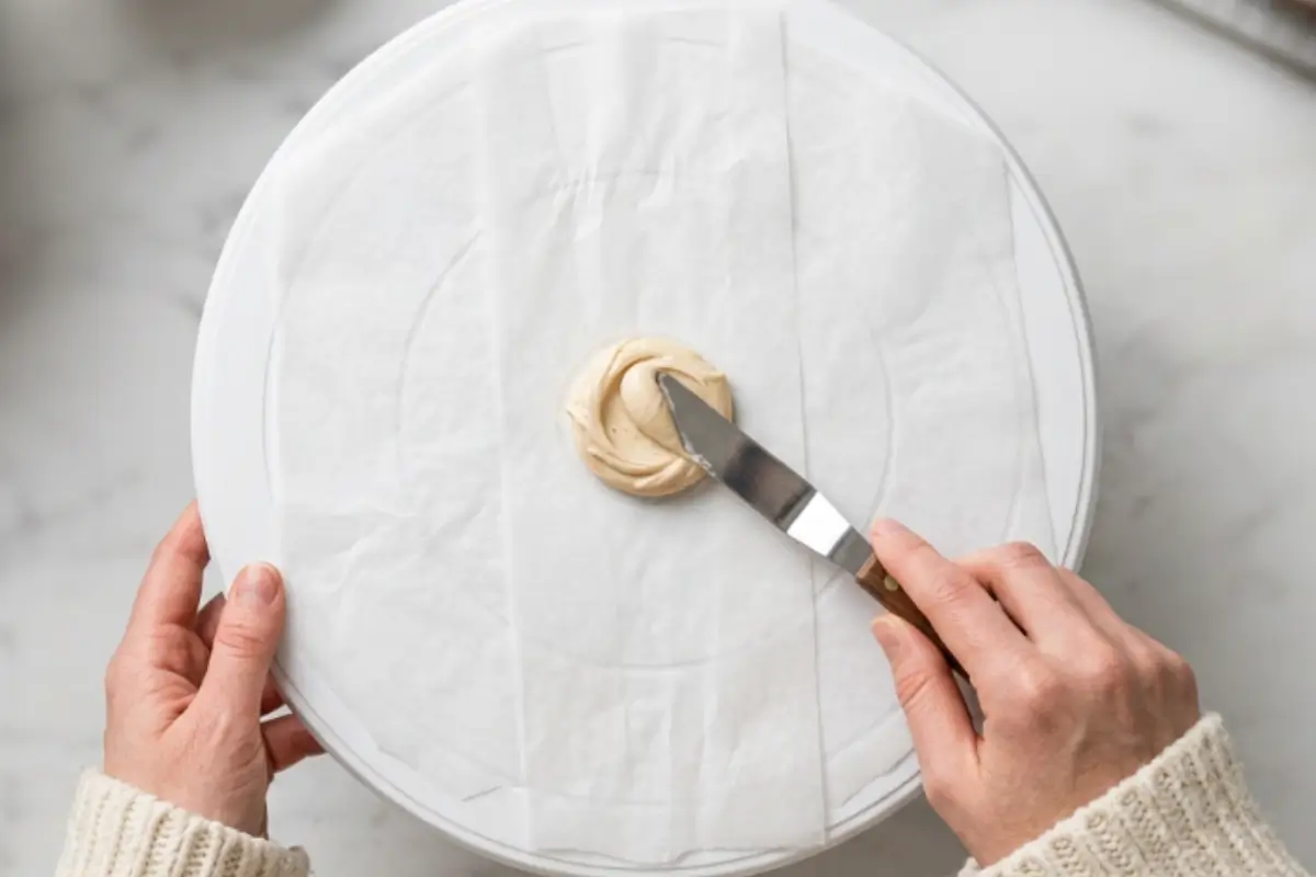 _The Anti-Slide Trick For frost a cake A baker wearing a cozy knit sweater uses an offset spatula to place a small dollop of frosting in the center of a parchment-lined turntable, an essential trick to securely frost a cake.