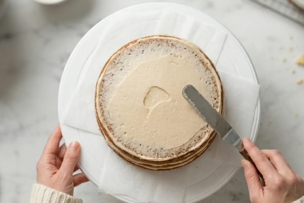 The Crumb Coat For frost a cake A baker wearing a cozy knit sweater gently uses an offset spatula to apply a thin, translucent layer of frosting to a stacked cake, demonstrating the essential crumb coat technique needed to flawlessly frost a cake.