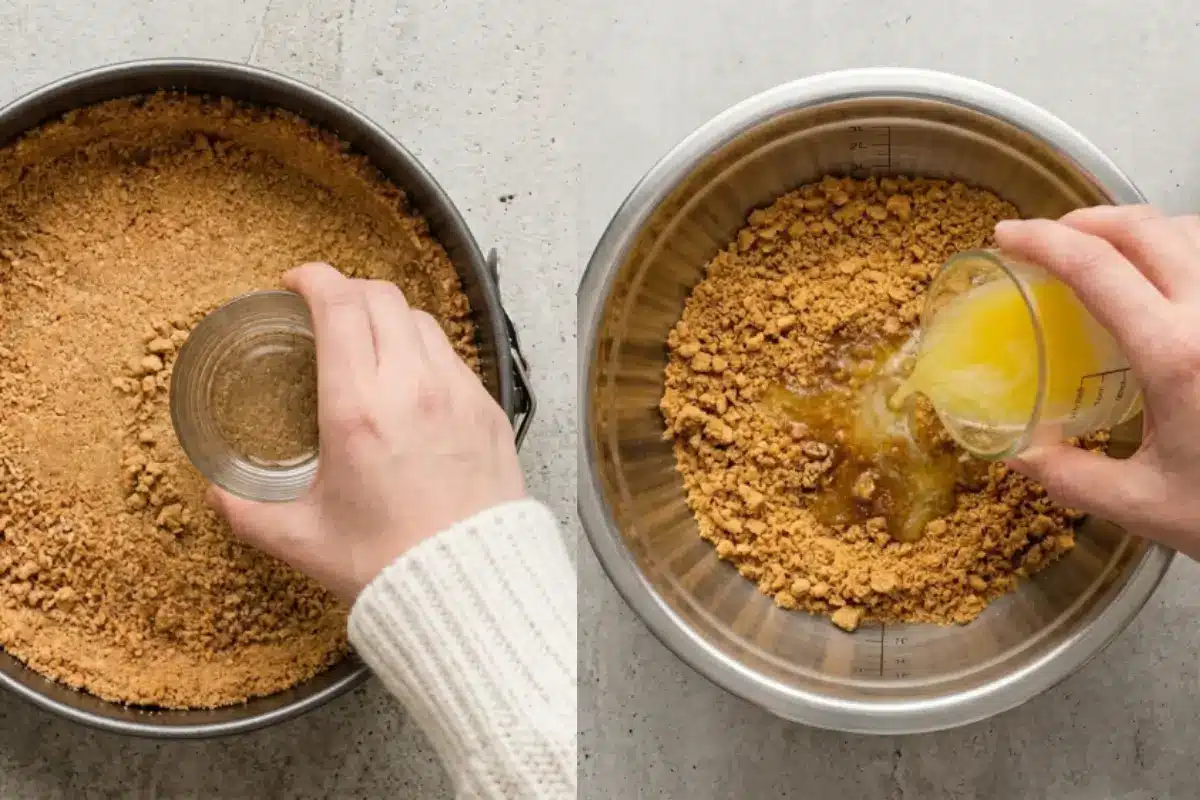 The Golden Rule Step-by-Step Instructions For Lemon Cheesecake Recipe A side-by-side overhead view showing the step-by-step crust preparation for our lemon cheesecake recipe, featuring one hand pouring melted butter into a bowl of graham cracker crumbs, and another hand using a glass to gently press the mixture into a springform pan.