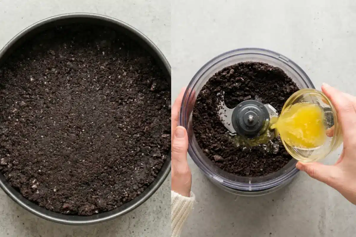 The Golden Rule Step-by-Step Instructions For Nutella Tiramisu Cake A side-by-side view of step-by-step instructions for a Nutella tiramisu cake, showing golden melted butter being poured into crushed chocolate cookies inside a food processor, and the finished crumb mixture pressed firmly into the bottom of a metal springform pan.