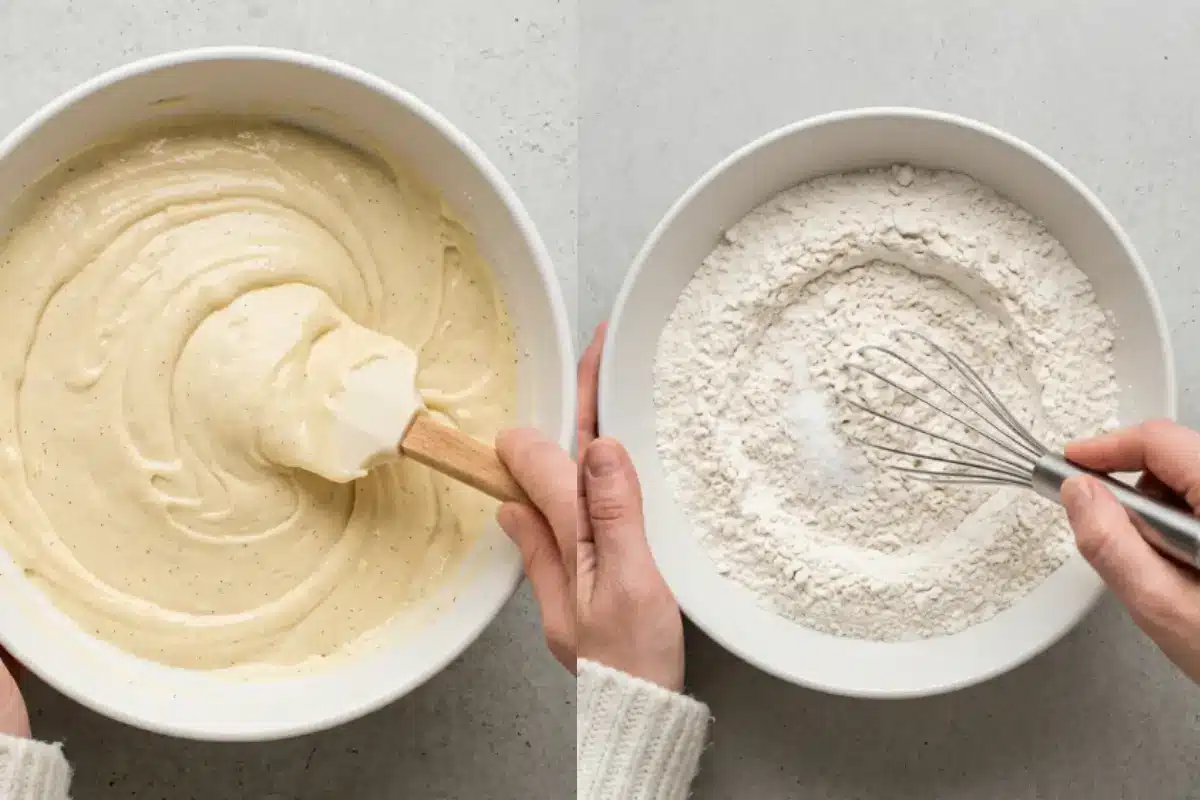The Golden Rule Step-by-Step Instructions For The Raspberry Cake A side-by-side visual guide showing the step-by-step instructions for a homemade raspberry cake, featuring a white bowl of smooth vanilla bean batter being folded with a spatula on the left, and a bowl of dry flour ingredients being whisked on the right.