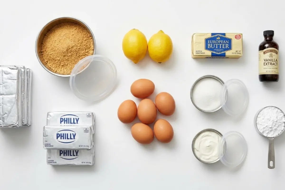 The Key Ingredients For Lemon Cheesecake Recipe An overhead view of the simple, fresh components needed for our classic lemon cheesecake recipe, including blocks of cream cheese, bright whole lemons, fresh eggs, butter, and graham cracker crumbs, perfectly arranged for baking.