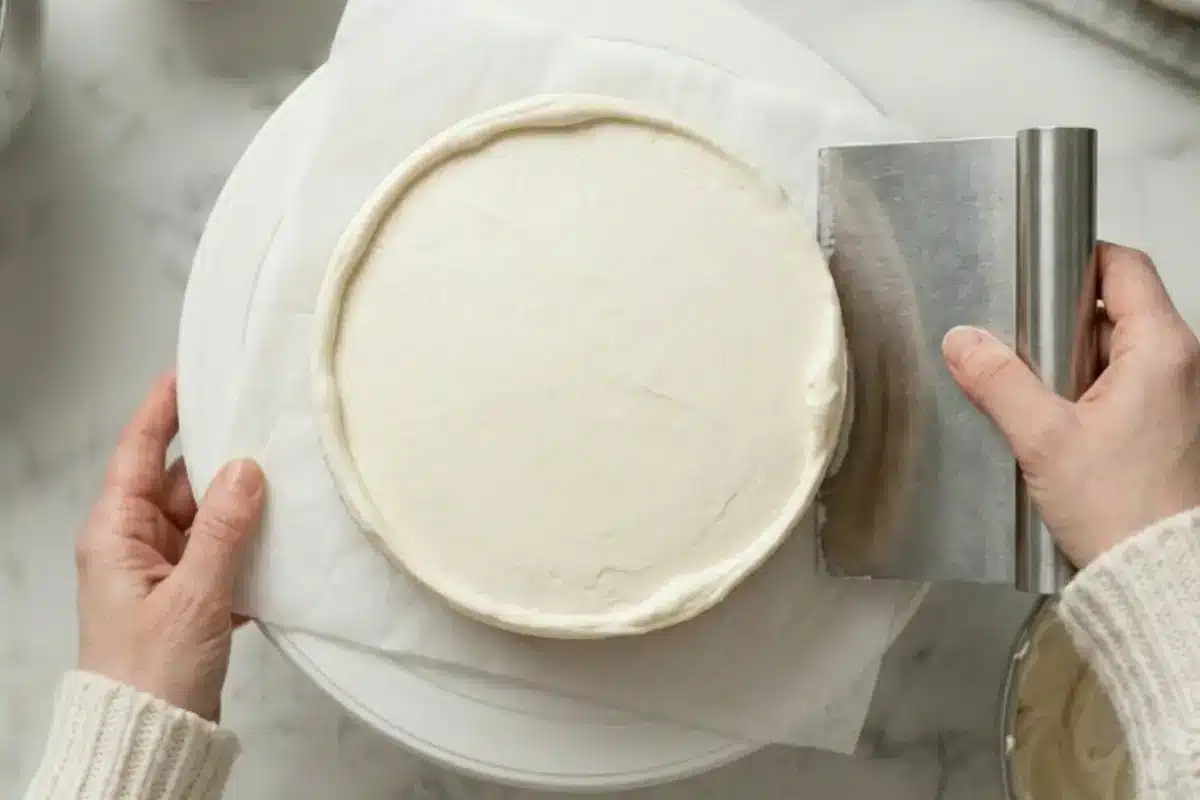 The Sides to frost a cake A baker wearing a cozy cream sweater uses a metal icing scraper against the side of a rotating white cake, demonstrating the calming technique to smoothly frost a cake.