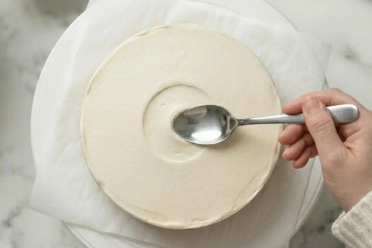 The Top to frost a cake A baker wearing a comfortable cream knit sweater gently presses the back of an everyday silver spoon into a smooth layer of white icing, creating a beautiful, rustic swirl pattern to flawlessly frost a cake.