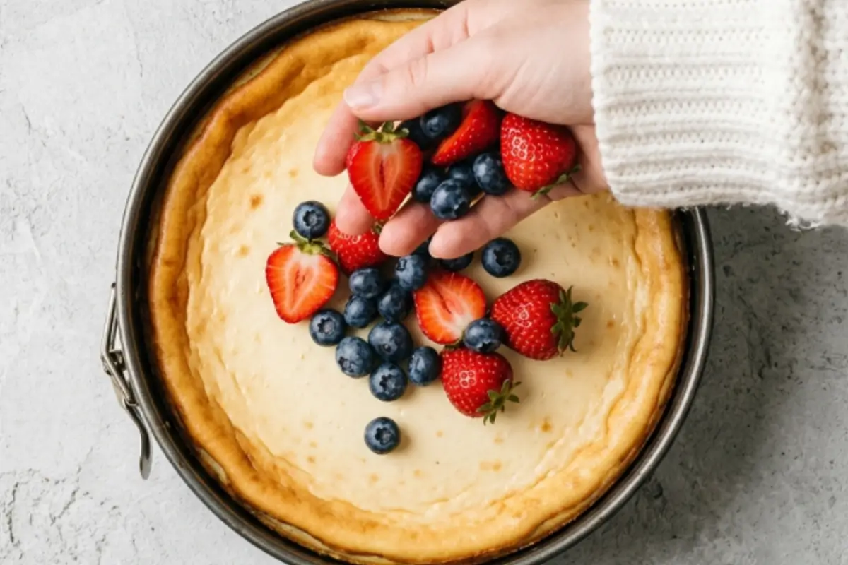 Tips For Gluten-Free Cheesecakes A top-down view of a beautifully imperfect, golden-baked dessert in a dark metal springform pan, as a cozy, sweater-clad hand drops fresh strawberries and blueberries into the center, illustrating Elena's no-fail tips for gluten-free cheesecakes.