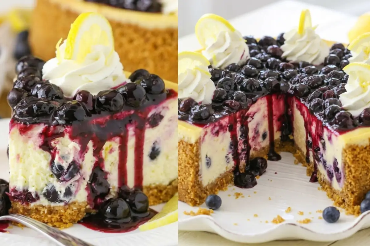 Tips for Lemon Blueberry Cheesecake A side-by-side view showing a thick, creamy slice of lemon blueberry cheesecake dripping with fresh berry compote on the left, and the beautiful, rustic whole cheesecake topped with whipped cream and lemon slices on a white scalloped platter on the right.