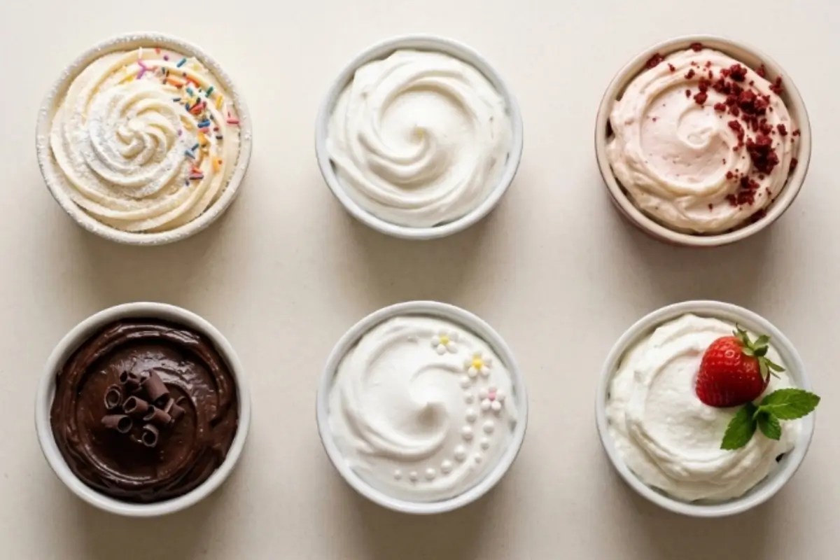 Types of frosting guide An overhead view of six small rustic bowls serving as a visual types of frosting guide, featuring chocolate, vanilla with sprinkles, and fresh strawberry toppings arranged on a warm cream table.