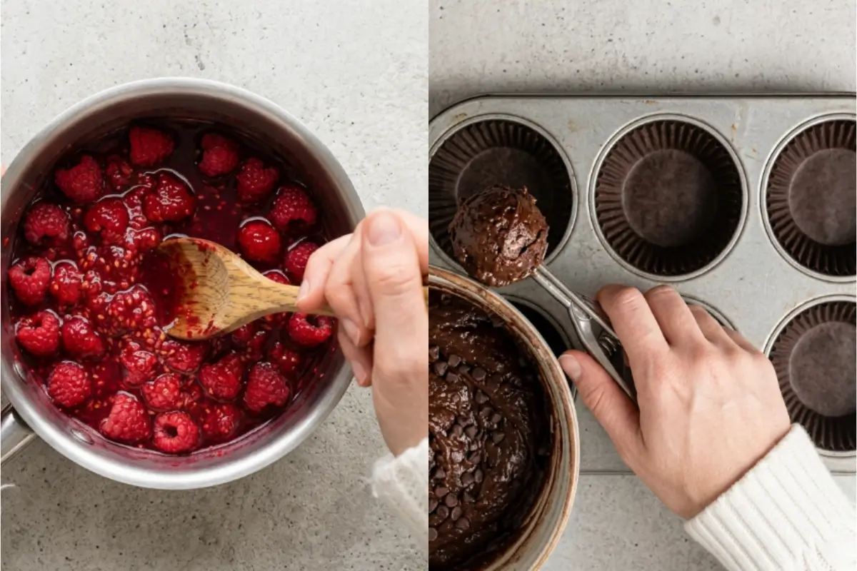 Why These Chocolate Raspberry Cupcakes Work A side-by-side view showing why these chocolate raspberry cupcakes work, featuring a wooden spoon stirring fresh red raspberries in a silver saucepan and a hand using a metal scoop to portion thick chocolate chip batter into a lined muffin tin.