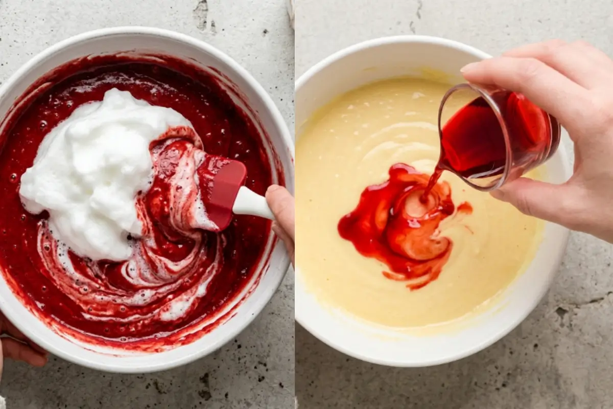 Why These Red Velvet Cupcakes Work A side-by-side overhead view demonstrating exactly why these red velvet cupcakes work, showing a hand gently folding fluffy white meringue into a rich red batter on the left, and pouring liquid red food coloring into a pale yellow batter on the right.