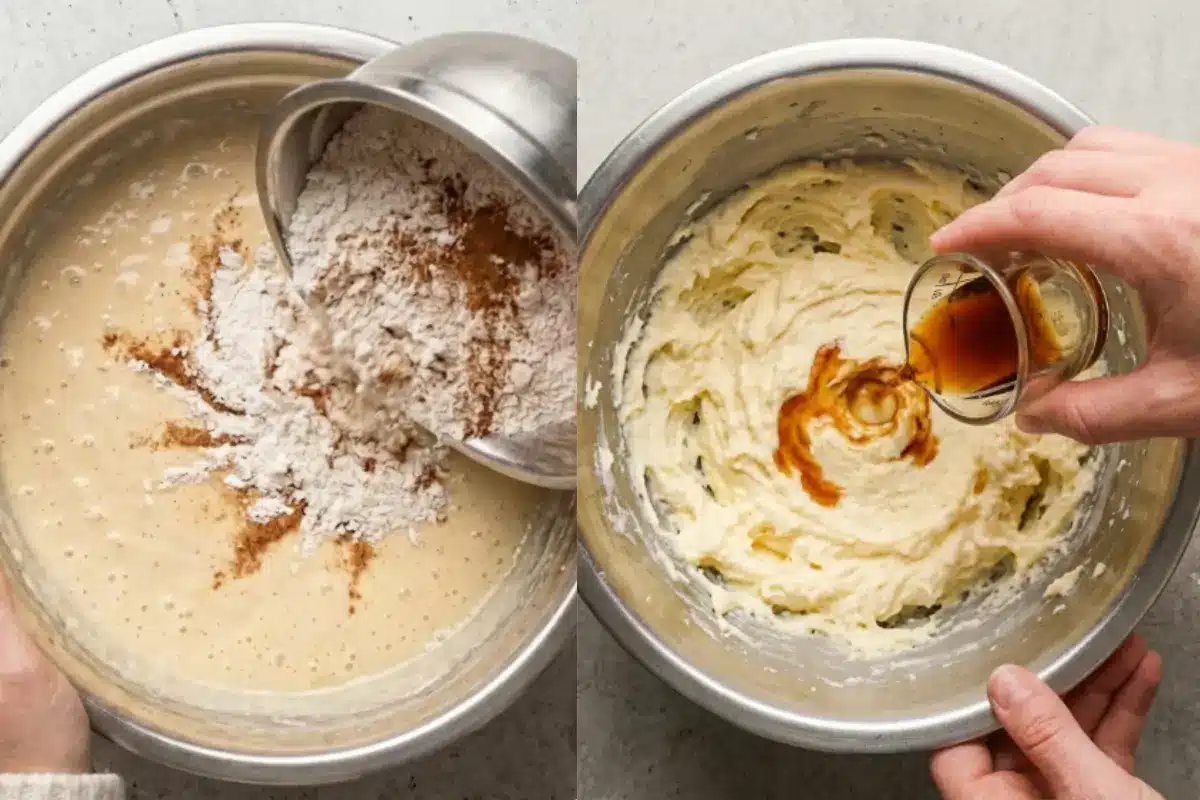 Why This Banana Cupcakes Recipe Works A side-by-side look at the simple steps that make our banana cupcakes recipe so reliable, showing dry ingredients like flour and cinnamon being gently poured into the wet batter on the left, and real vanilla extract being added to a creamy frosting on the right.