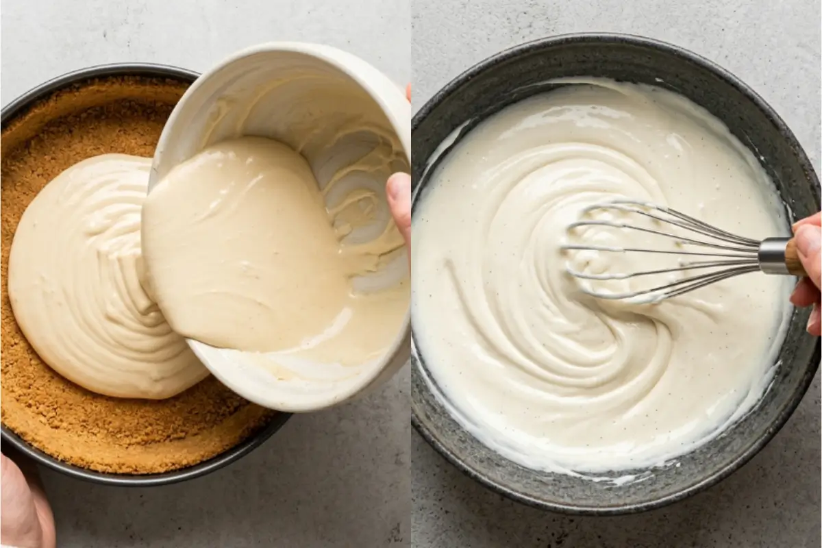 Why This Gluten-Free Cheesecake Works A side-by-side view showing the foolproof texture of our gluten-free cheesecake; on the right, a hand whisks a creamy, vanilla-speckled filling in a rustic bowl, and on the left, the luscious batter is poured perfectly into a prepared crumb crust.