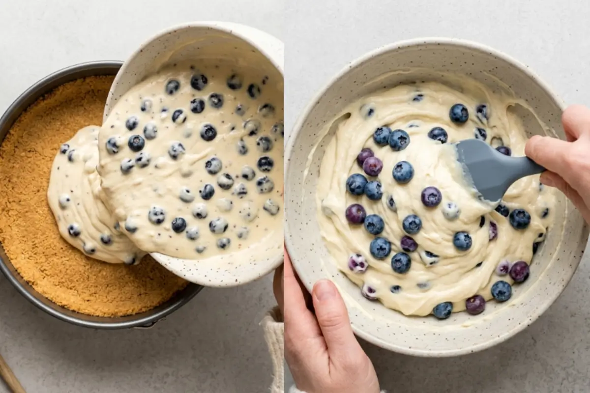 Why This Lemon Blueberry Cheesecake Works A side-by-side view showing the careful preparation of a lemon blueberry cheesecake, featuring a hand gently folding fresh blueberries into a velvety batter in a rustic speckled bowl, and the creamy mixture being poured over a golden graham cracker crust in a baking pan.