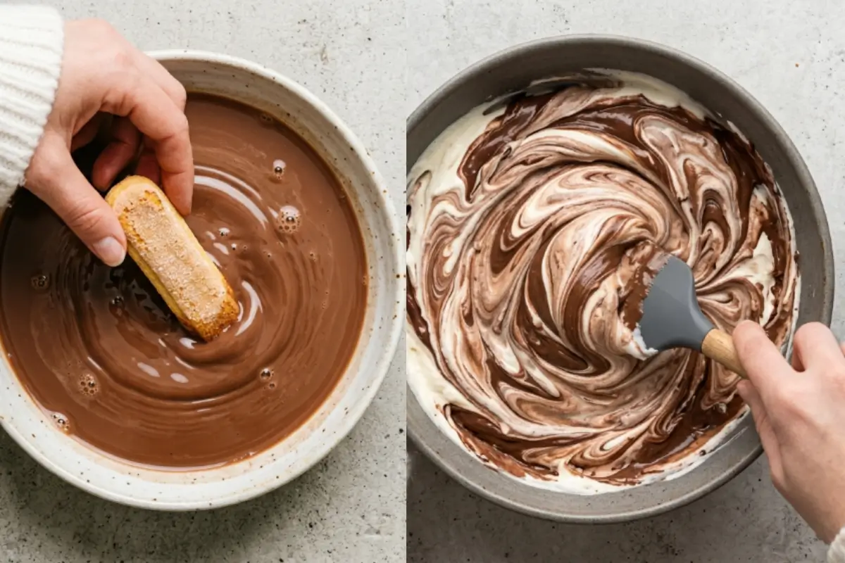 Why This Nutella Tiramisu Cake Works A side-by-side view showing the simple process of making a Nutella tiramisu cake, featuring a hand gently dipping a crisp ladyfinger into a rich chocolate espresso mixture on the left, and a spatula beautifully swirling creamy mascarpone and dark Nutella together in a bowl on the right.