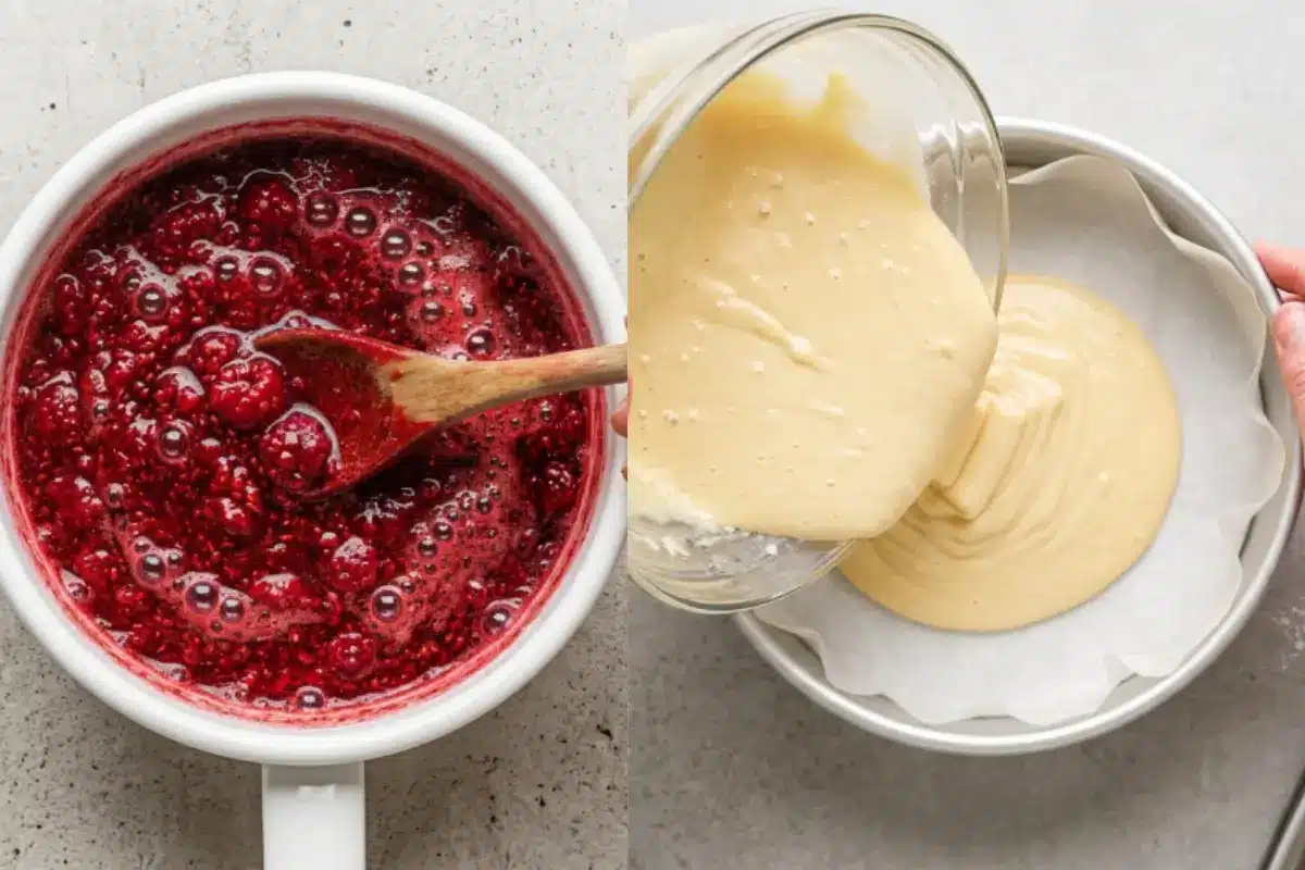 Why This Raspberry Cake Works A side-by-side view showing the simple steps for a homemade raspberry cake, featuring bubbling fresh raspberries simmering in a white pot with a wooden spoon on the left, and velvety cake batter being poured into a parchment-lined round baking pan on the right.