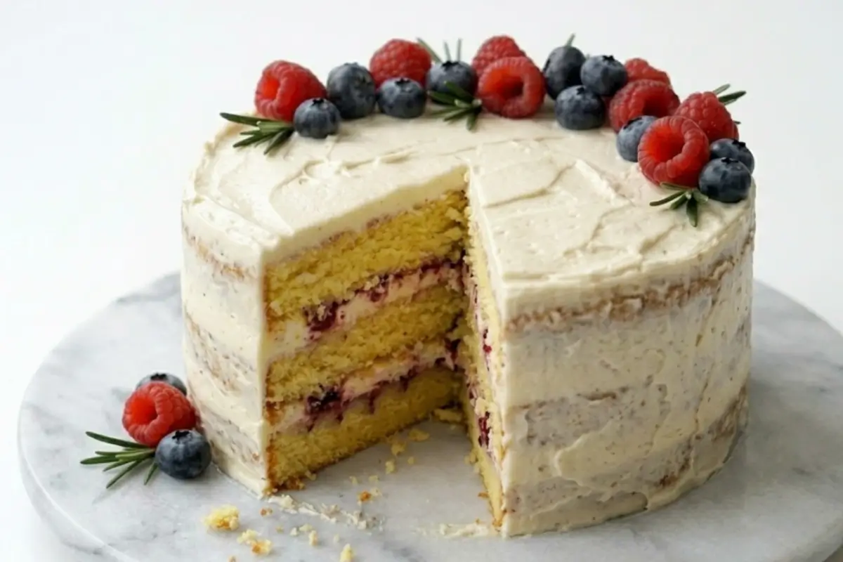 Why This Work Frosted Cake A beautifully sliced homemade layer cake filled with vibrant berry jam and topped with fresh raspberries, blueberries, and fragrant rosemary, demonstrating a forgiving, rustic way to frost a cake.