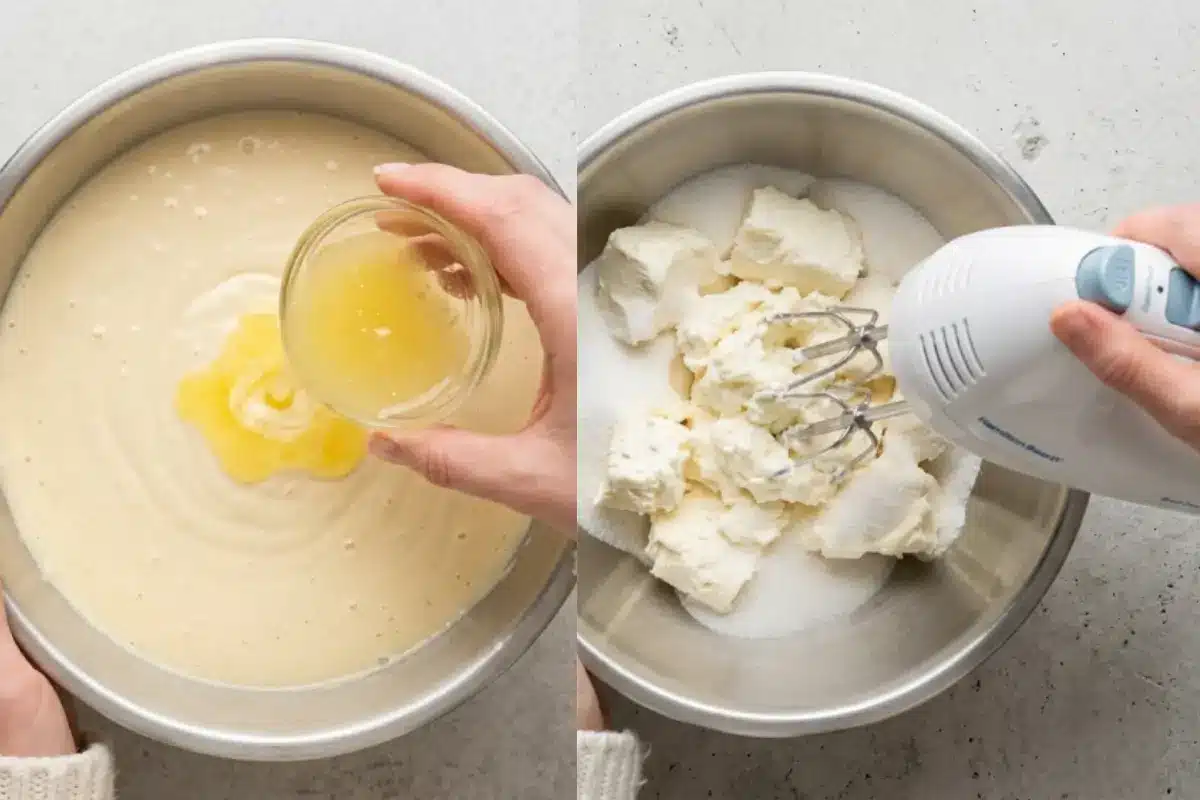 Why This Zesty Lemon Cheesecake Works A side-by-side overhead view showing the smooth batter preparation for our zesty lemon cheesecake, featuring a hand pouring fresh lemon juice into the creamy mixture on the left, and a hand using a white hand mixer to blend blocks of cream cheese and sugar in a metal bowl on the right.