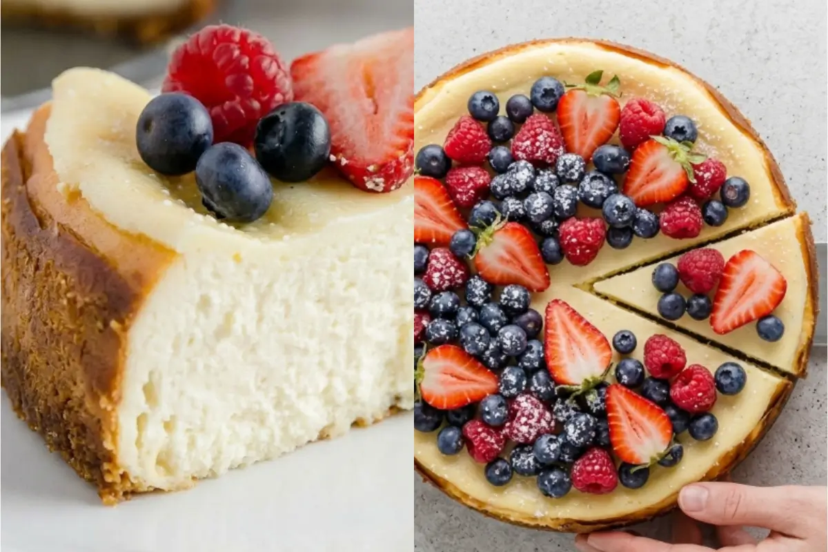 for Tomorrow FOR Gluten-Free Cheesecakes A split view showcasing the perfectly creamy texture of our gluten-free cheesecakes; on the left, a thick slice topped with fresh berries, and on the right, a hand serving a slice from a whole, rustic cheesecake beautifully dusted with powdered sugar.