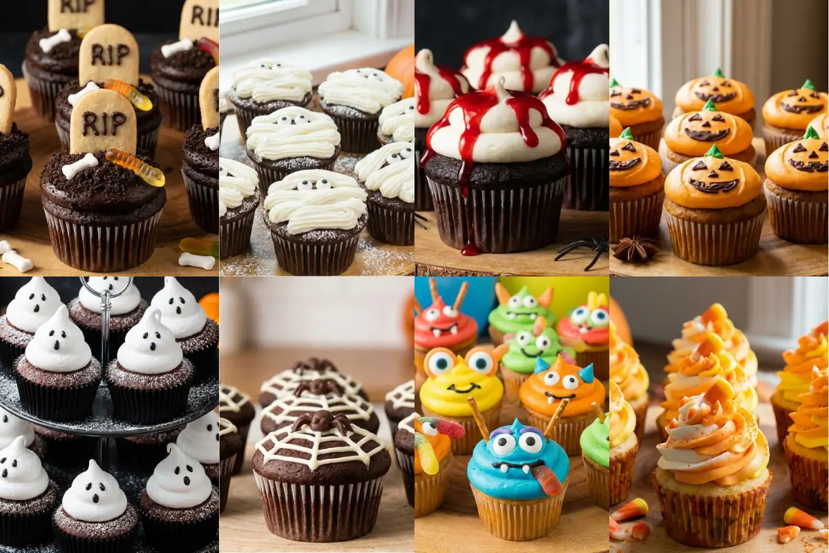A collage showcasing 8 spooky Halloween cupcake ideas, featuring charmingly rustic designs like chocolate graveyard tombstones, sweet vanilla mummies, little ghosts, and vibrant candy monsters.
