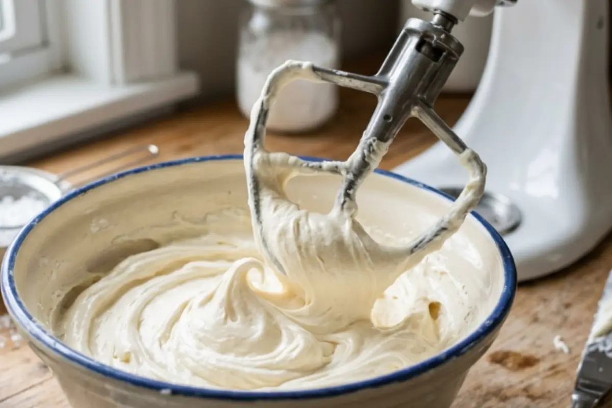 American Buttercream Fluffy, freshly whipped American buttercream frosting clinging to a stand mixer paddle over a rustic ceramic bowl.